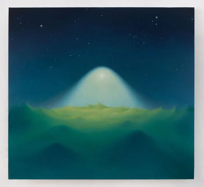 Sarah Lee art featuring glowing light over misty green landscape under starry night