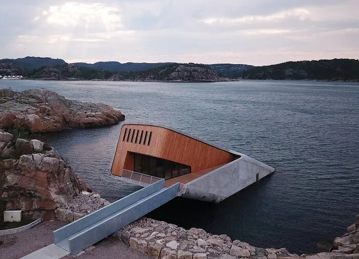 An underwater restaurant structure featuring bizarre architecture.