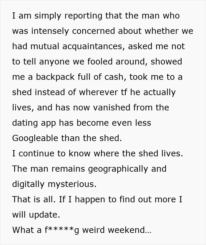 Woman's first date with real estate investor ends in a shed with a mattress, a backpack and no toilet