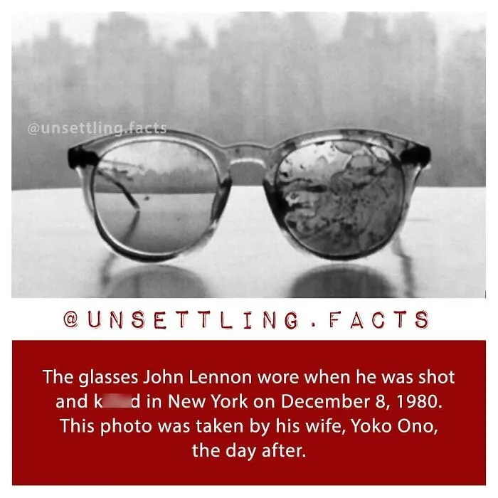 Close-up of blood-splattered glasses worn by John Lennon, showcasing creepy and unsettling facts from history.