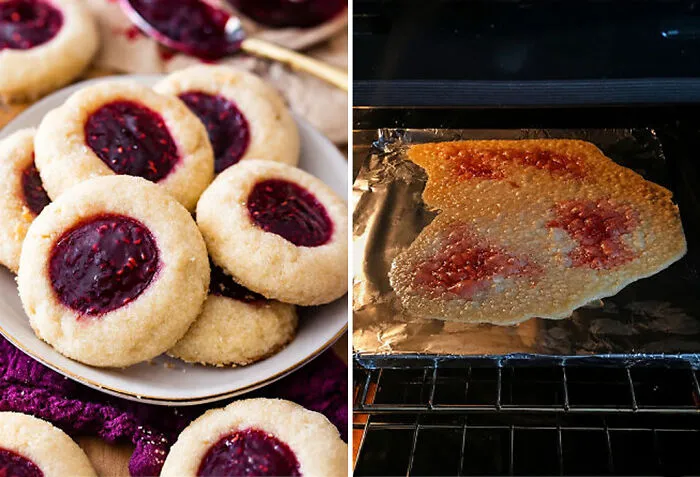 Expectation vs reality comparison of thumbprint cookies melting into a sheet as a bakingfail.