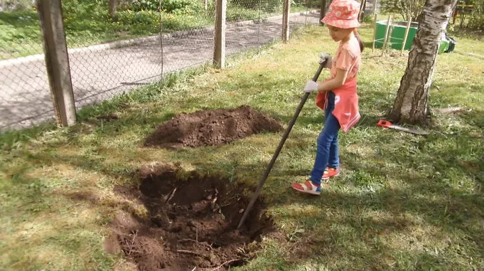 Young child digging a hole in the yard with a shovel while trick-or-treating