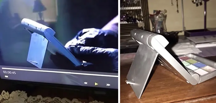 A makeup palette next to a movie screen showing the same object repurposed as futuristic movie props