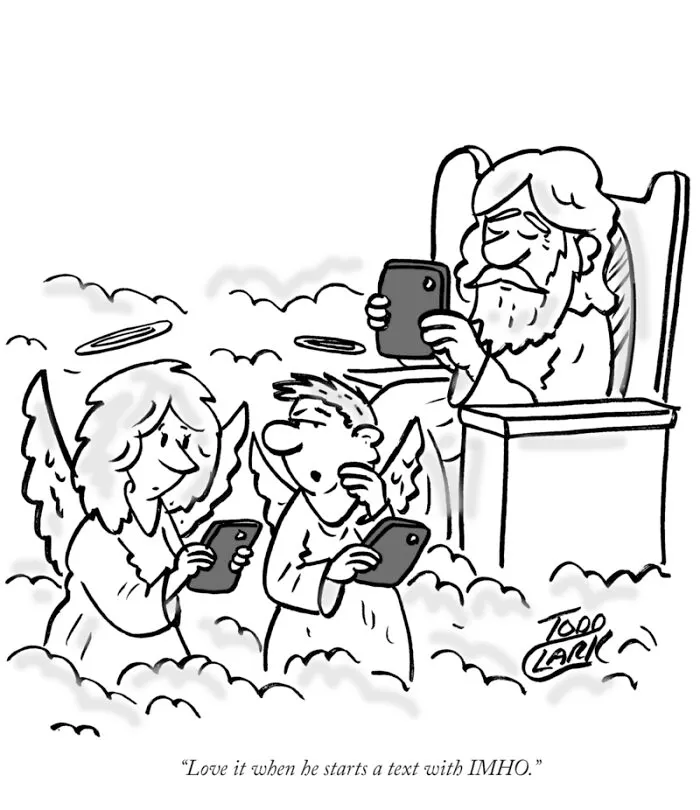 God and angels using smartphones in heaven in a funny satirical comic.