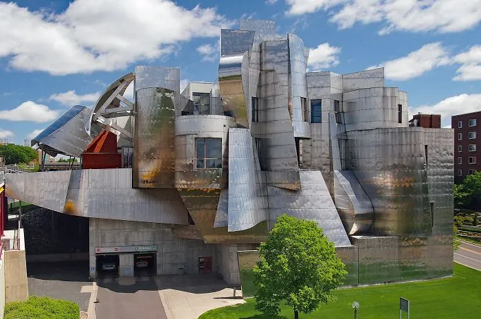 Metallic building showing abstract architecture with unique silver panels and bizarre shapes