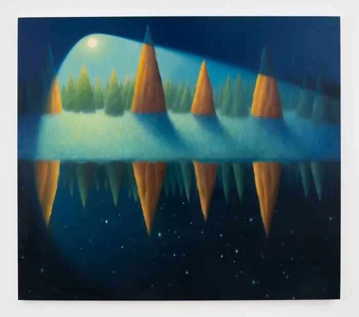 Sarah Lee landscape with illuminated orange trees reflected in water under starry night