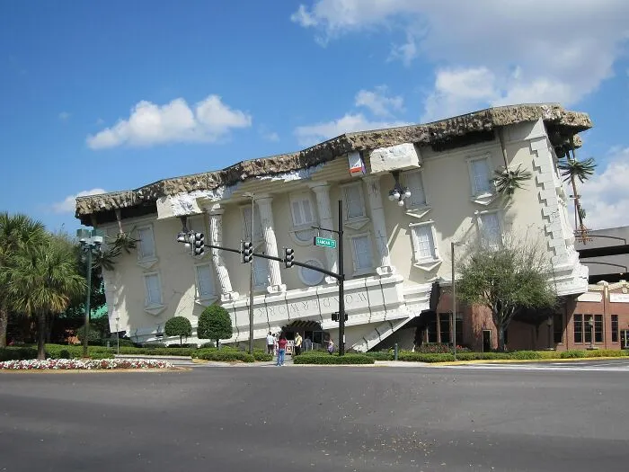 An upside down museum building displaying bizarre shapes in ordinary architecture.