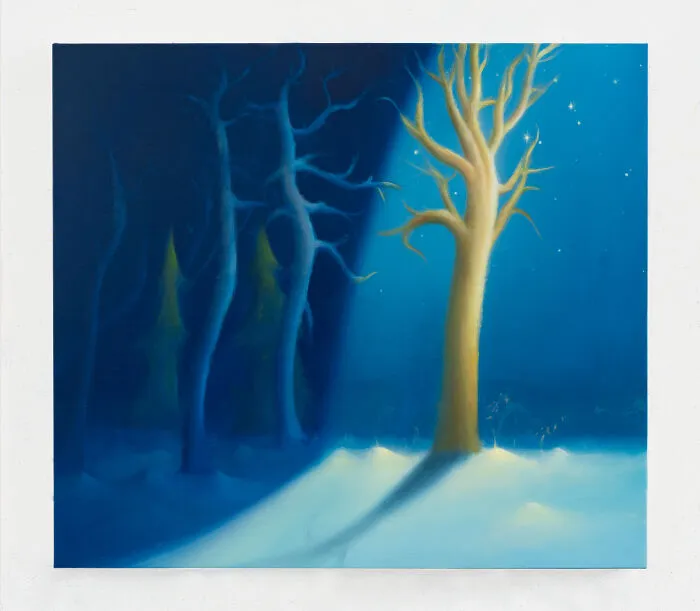 Sarah Lee painting of illuminated tree in dark snowy forest at night