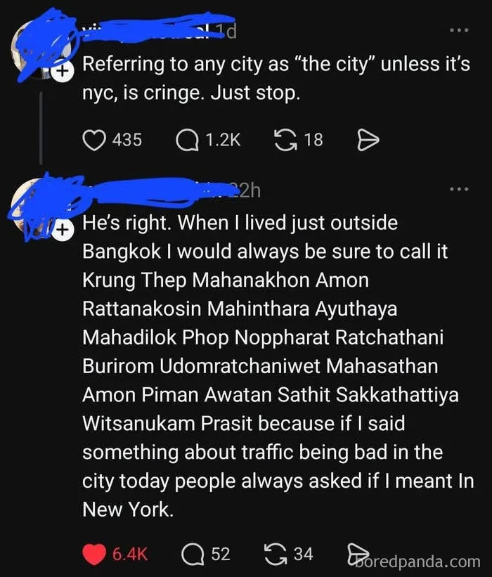 Social media post where someone claims only New York City should be referred to as the city, followed by a sarcastic reply.