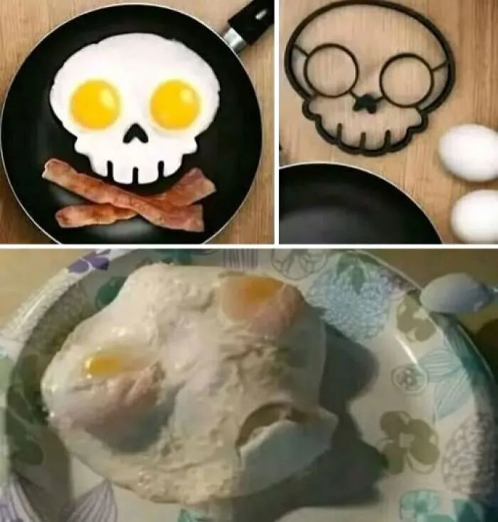 Failed attempt at making skull shaped fried eggs, an example of odd and interesting photos.