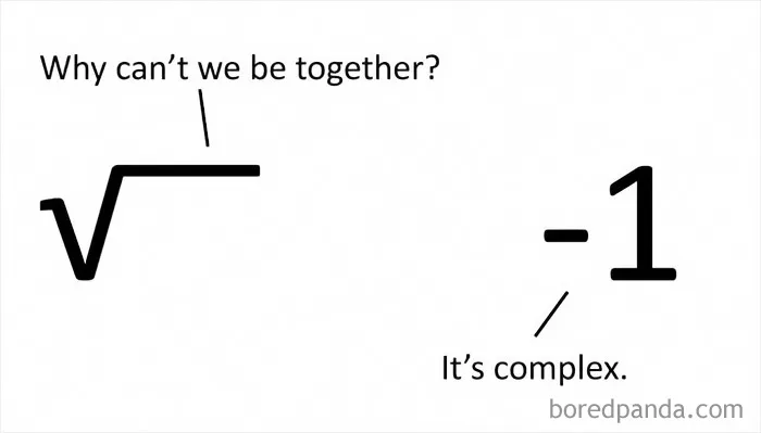 Math and physics posts joke about imaginary numbers with a square root symbol and negative one