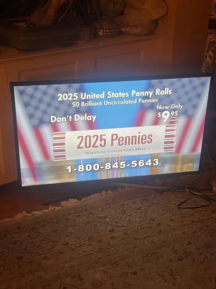 A TV screen showing an advertisement selling 50 pennies for 9.95 dollars as part of absurd products.