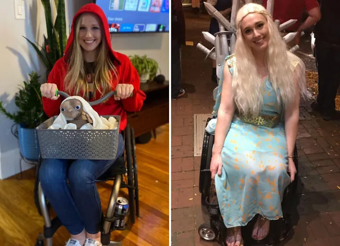 Creative Halloween costumes for wheelchair users featuring Elliott from ET and Daenerys Targaryen.