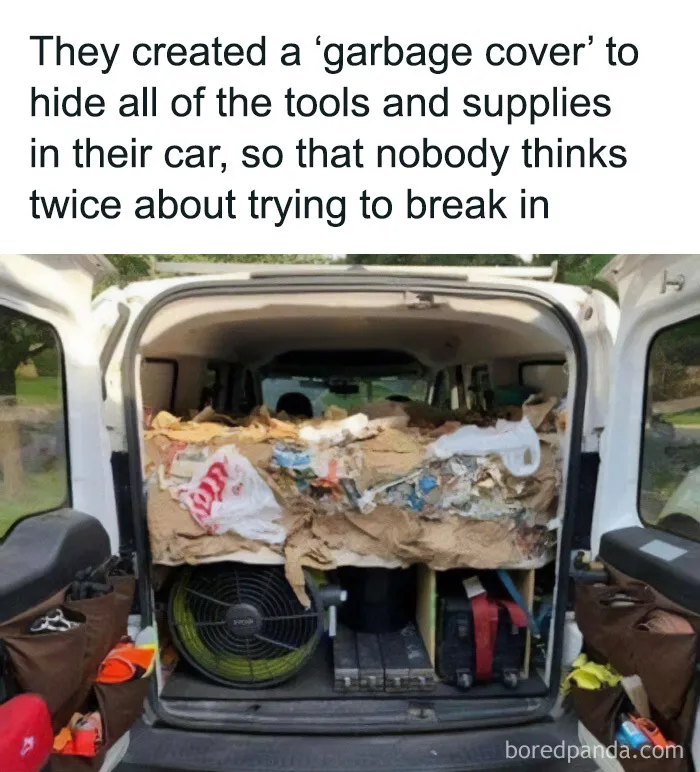 Car trunk filled with trash hiding tools, a funny cringe construction fails meme about theft prevention.