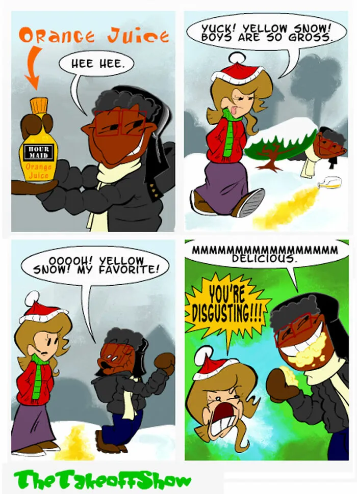 A comic panel showing a yellow snow prank, from comics by Mikal Malik about family life