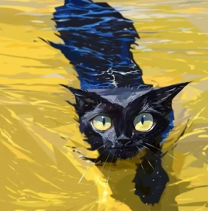 Exaggerated caricature of a black cat swimming with bright yellow eyes