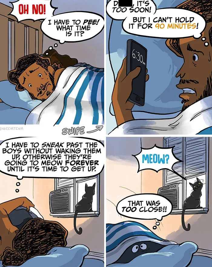 Funny comics about life with two black cats waiting to meow as soon as their owner wakes up.
