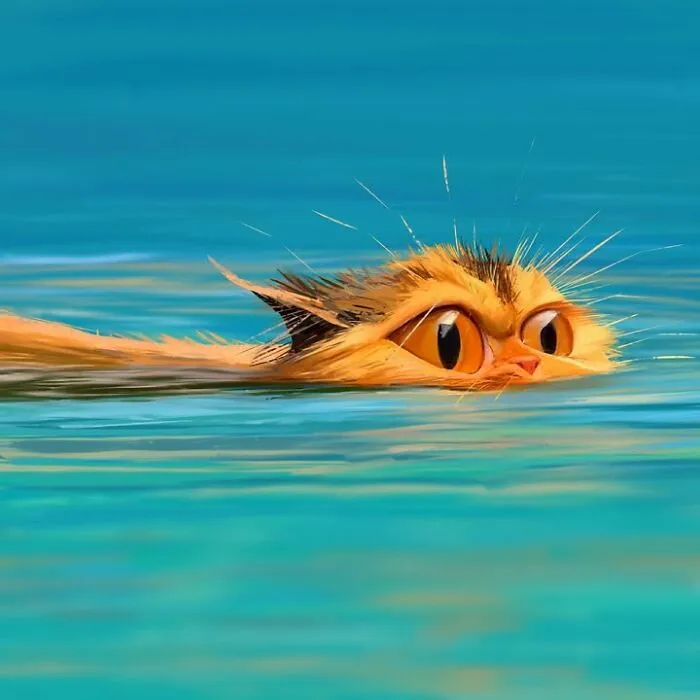 Caricature illustration of a cat swimming in water with exaggerated large eyes