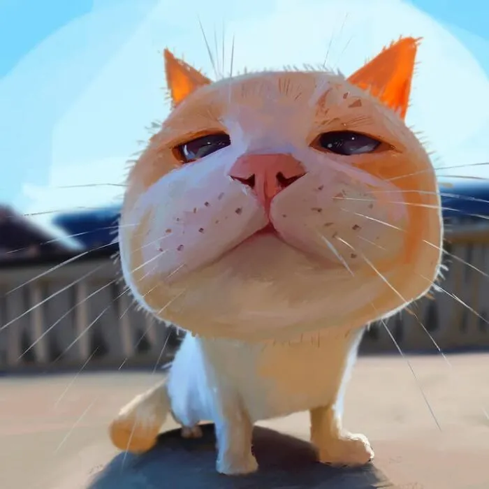 Caricature of a small orange and white cat with a big head and squinting eyes