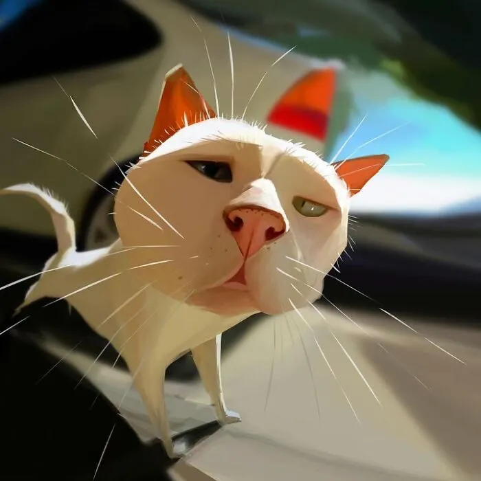 Exaggerated caricature of a white cat with a large head and long whiskers