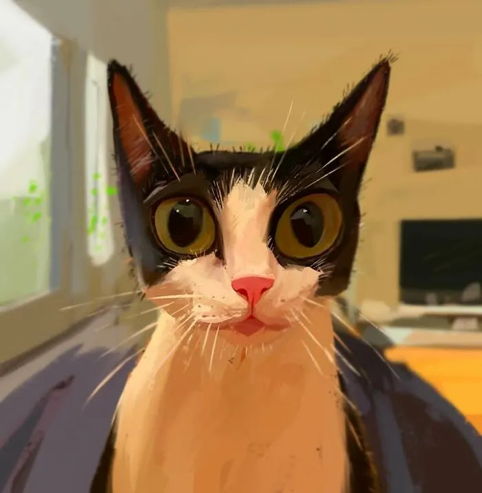 Indoor caricature of a black and white cat with large expressive eyes