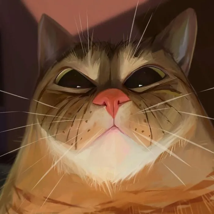 Close-up caricature of a chubby cat with a pink nose and intense eyes