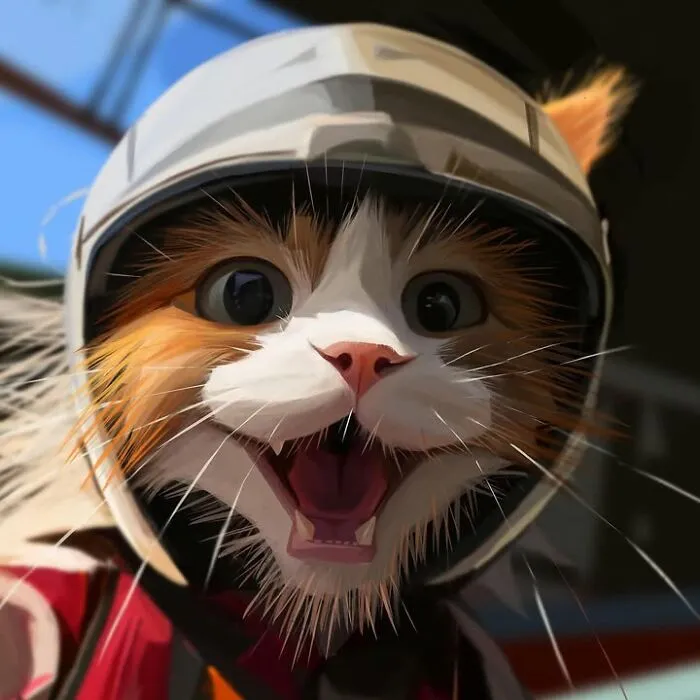 Playful caricature of a cat wearing a helmet with an open mouth