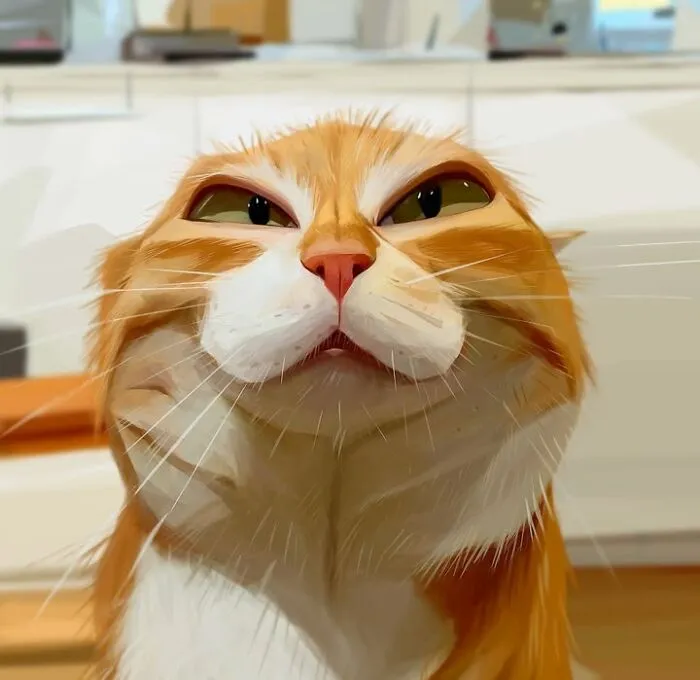 Amusing caricature of an orange cat with a smiling expression