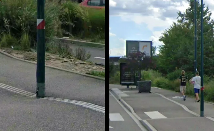 Street design obstructed by pole in pedestrian path causing accessibility issues