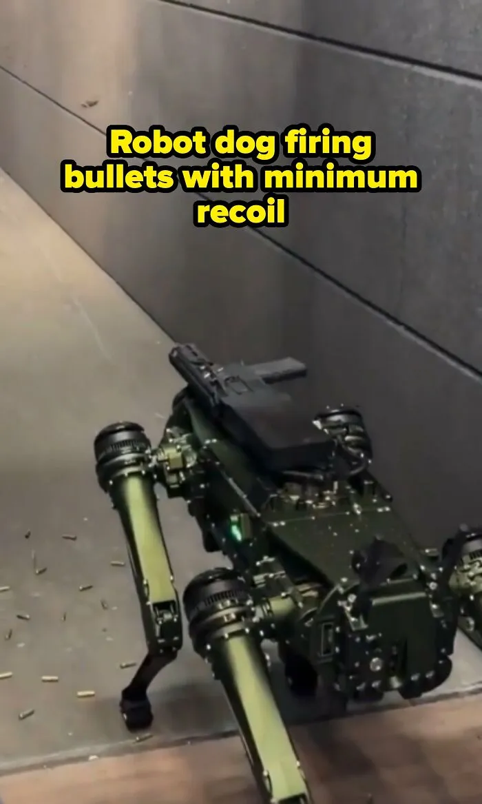 Green robotic dog equipped with a weapon reflecting technology trends in modern life in America.