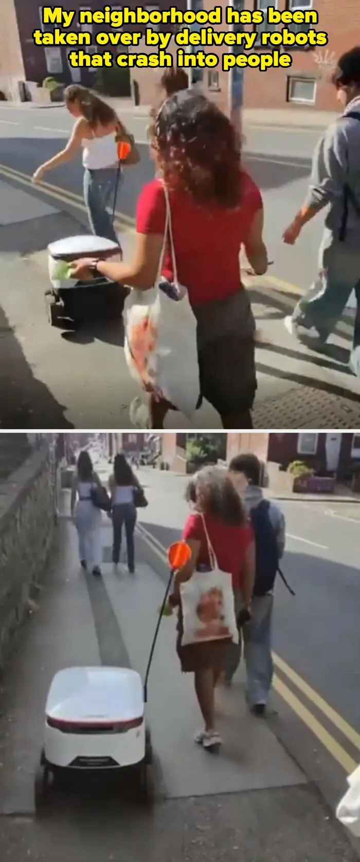 Small white delivery robots rolling past pedestrians on a narrow sidewalk, demonstrating modern life in America.