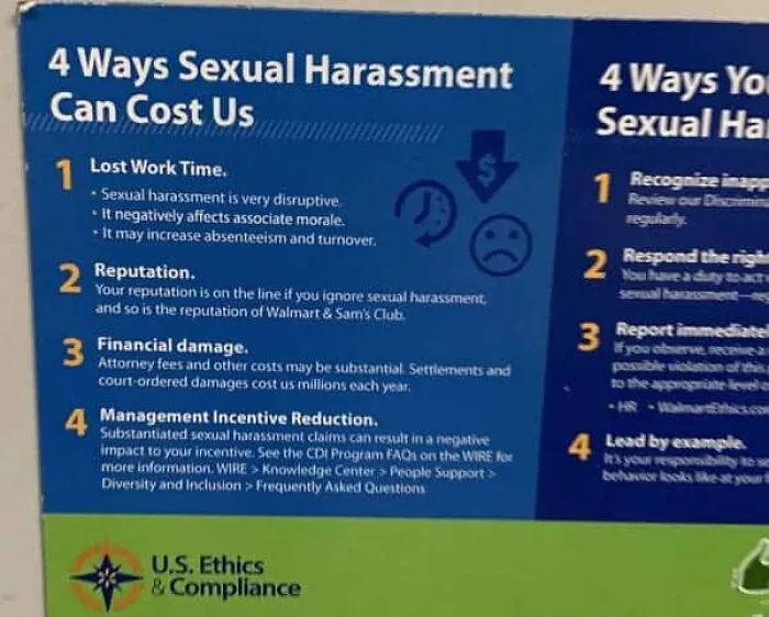 Walmart workplace sign detailing sexual harassment costs, highlighting modern life in America corporate standards.