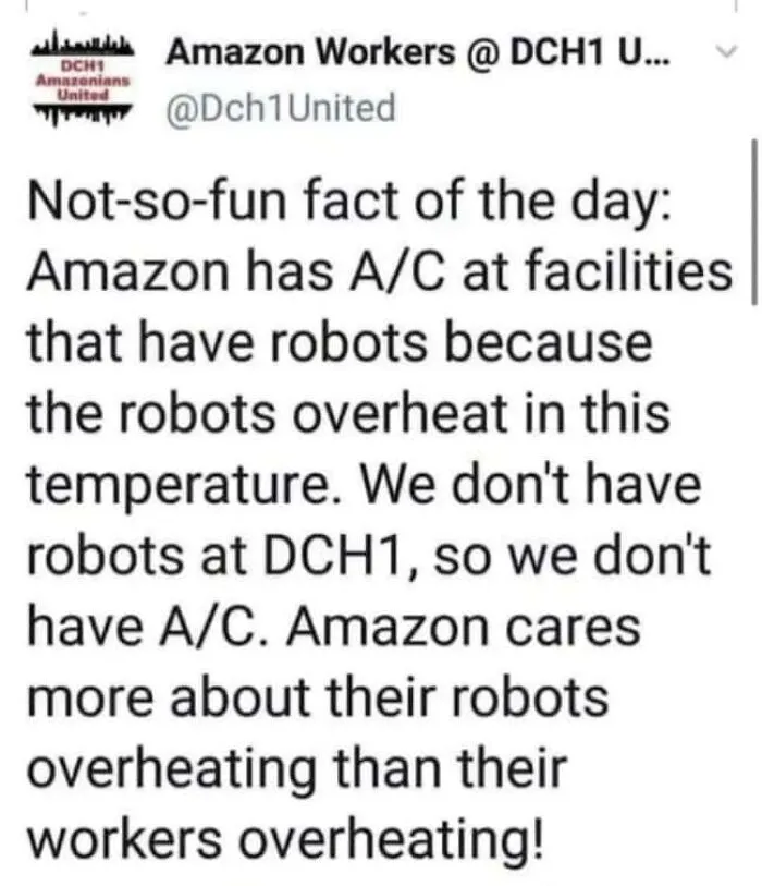 Social media post about lack of AC in an Amazon facility, showing a harsh reality of modern life in America.