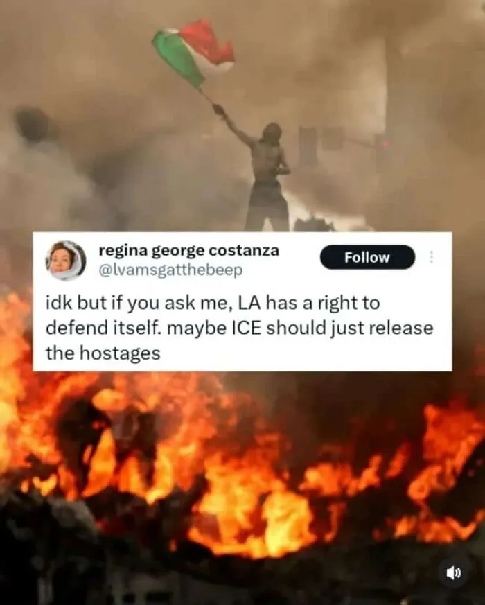 A social media post about modern life in America showing a protest scene with fire and a flag