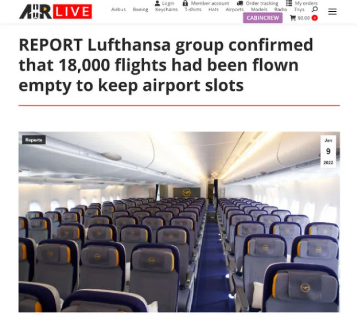 An empty airplane cabin depicting modern life in America with empty flights to keep airport slots