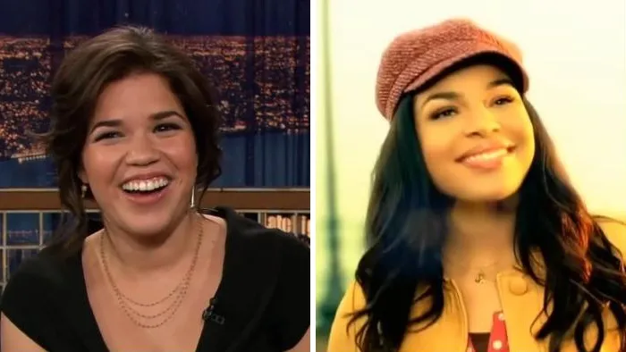 Side-by-side comparison of celebrity lookalikes America Ferrera and Jordin Sparks smiling.