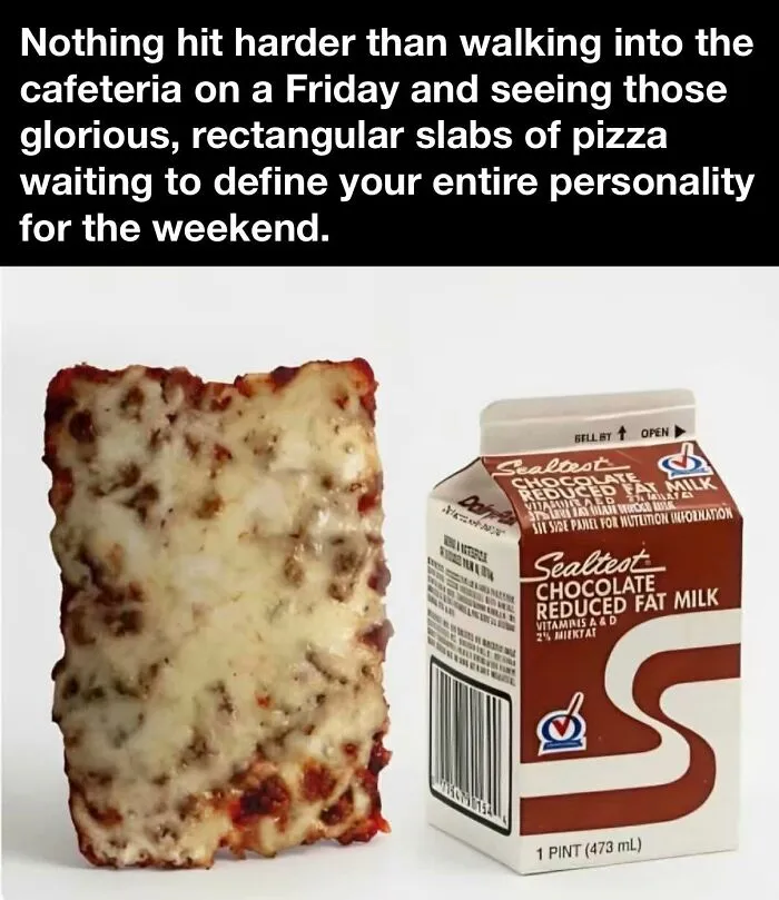 A square piece of cafeteria pizza and a Sealtest chocolate milk carton, representing 80s kids nostalgic photos