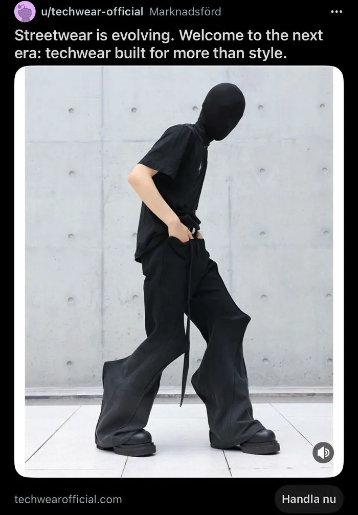 Unusual fashion ad showing techwear as advertising fails
