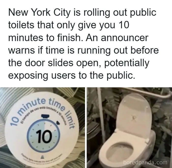 Creepy facts about a public restroom with a 10-minute timer sign next to a toilet bowl