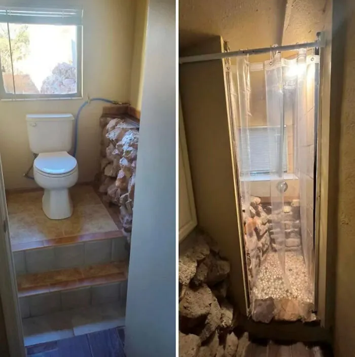 Bathroom with raised toilet and rock-filled compact shower showing bad design