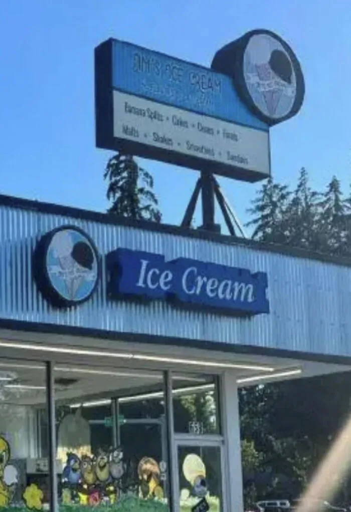 Ice cream shop exterior with poorly designed and unreadable signage