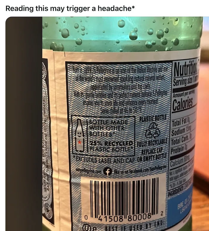 Ridiculous recycled plastic bottle label design with hard-to-read text and barcode