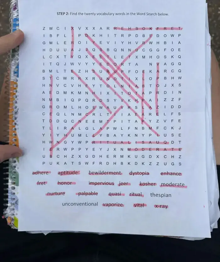 Word search puzzle with twenty vocabulary words highlighted in red pen