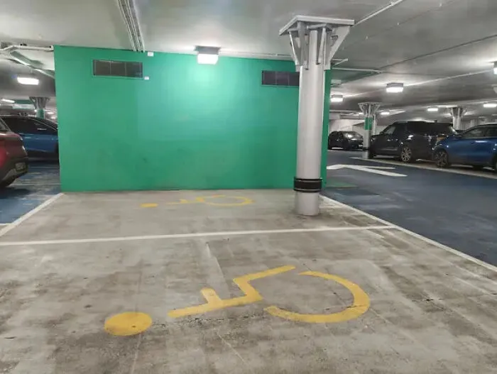 handicap parking space design blocked by a metal pillar