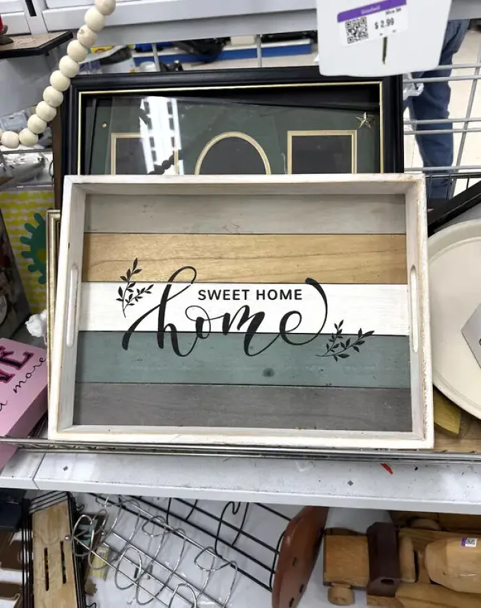 Sweet home wooden tray with striped design printed text in store design choices