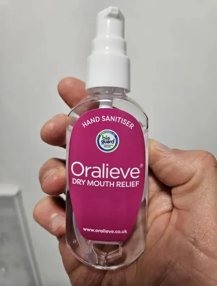 Hand sanitizer bottle mislabeled as dry mouth relief causing design confusion