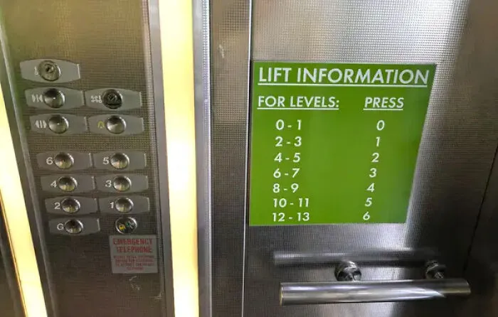 Confusing lift panel with inconsistent button labels and green lift information