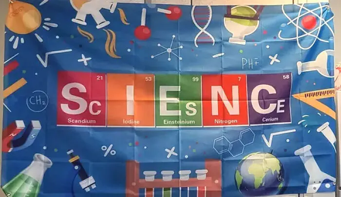 Science banner with element blocks spelling science with incorrect element symbols