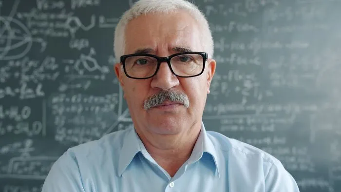 A thoughtful senior professor in glasses standing in front of a chalkboard with intelligent insults.