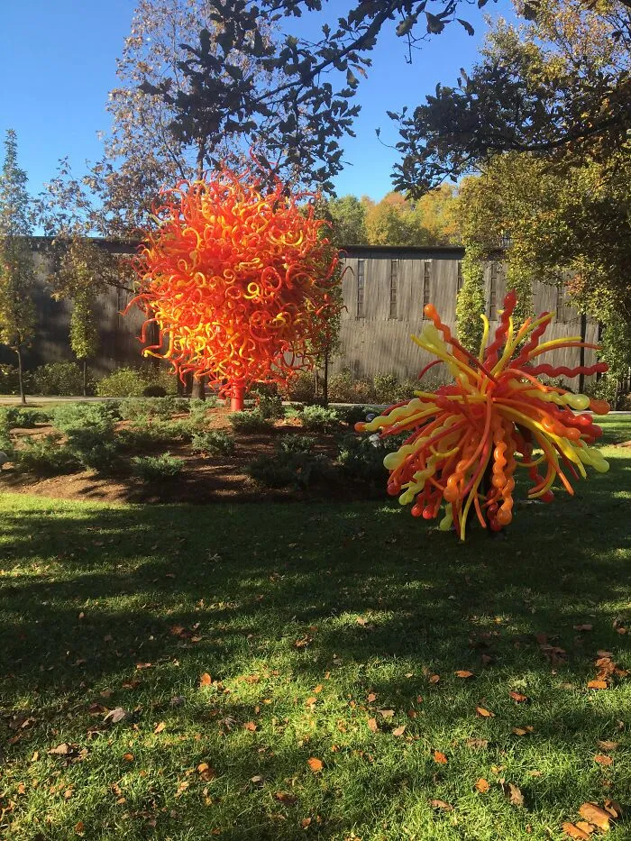 Colorful flame-like sculptures on a lawn demonstrating unique Halloween costumes ideas